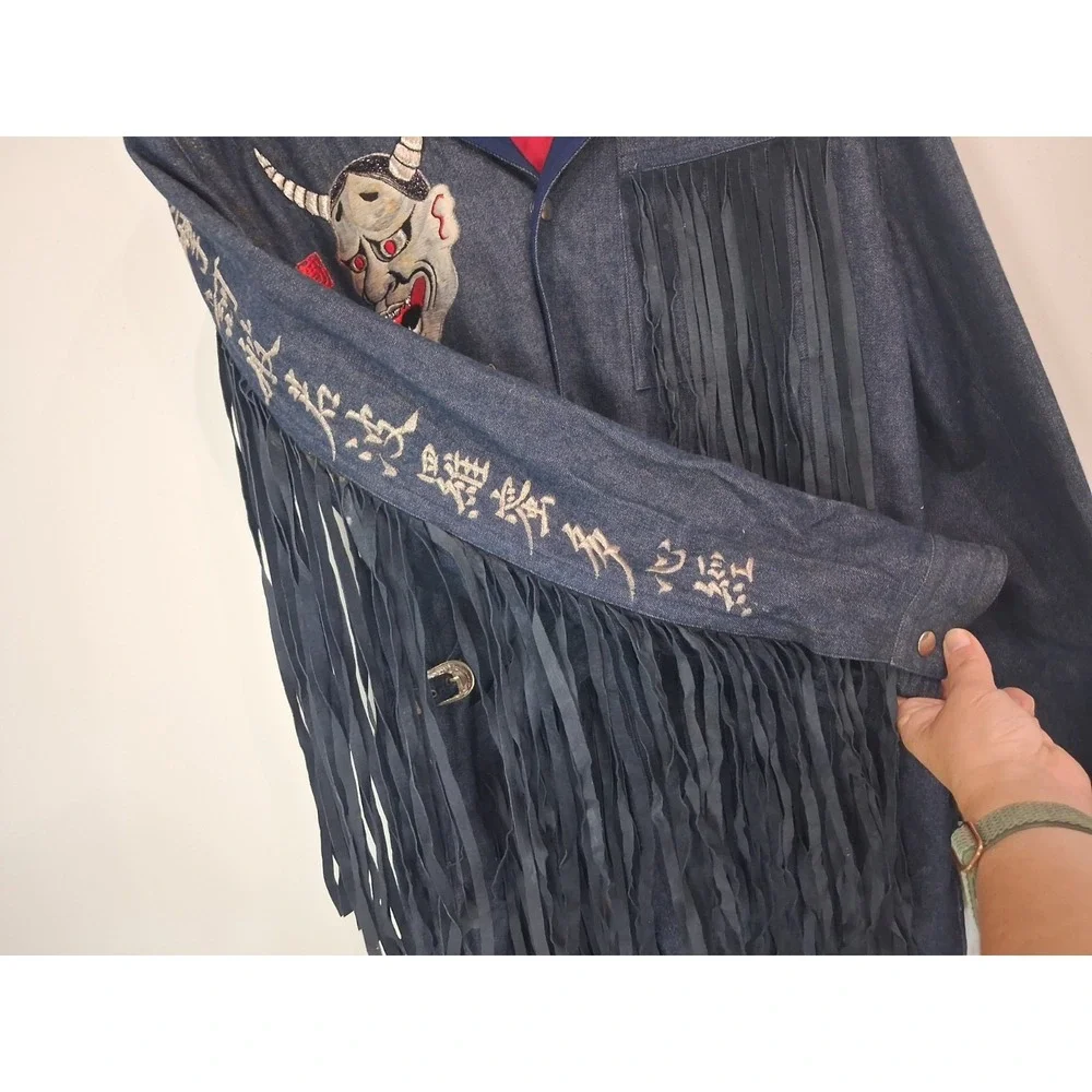 Archival 1980s Kansai Yamamoto Denim Suit Leather Fringe Hannya Mask Japan